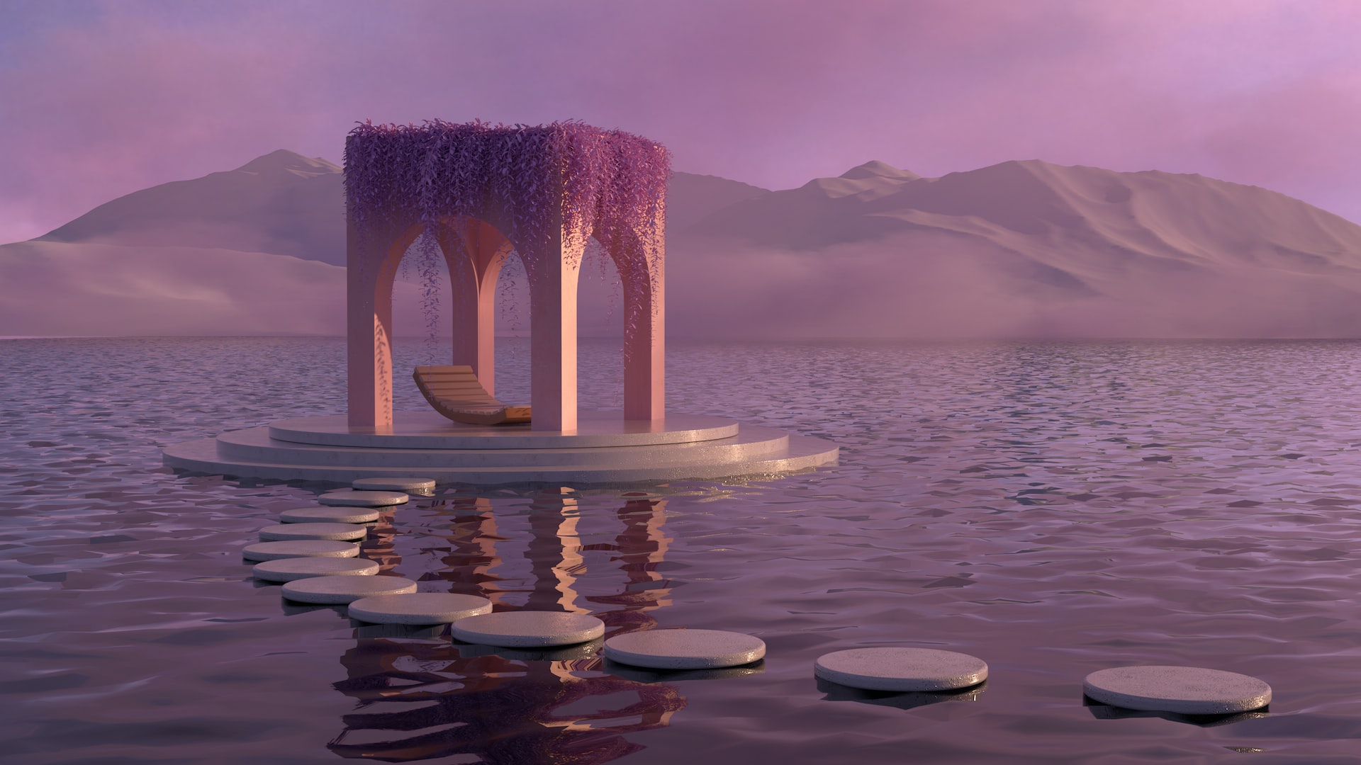 A virtual world with clouds in the background and steps that lead to a yoga mat
